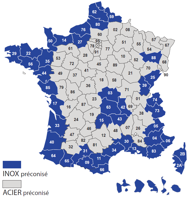 carte de france des zones conseillées pour l'anticorrosion